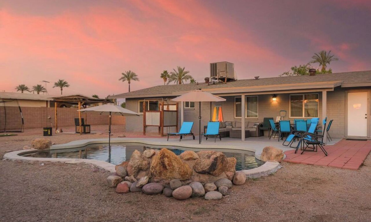 Palm Springs House | Pool Home Sleeps 10+ Large Fenced Yard Mountain Views Pet Friendly