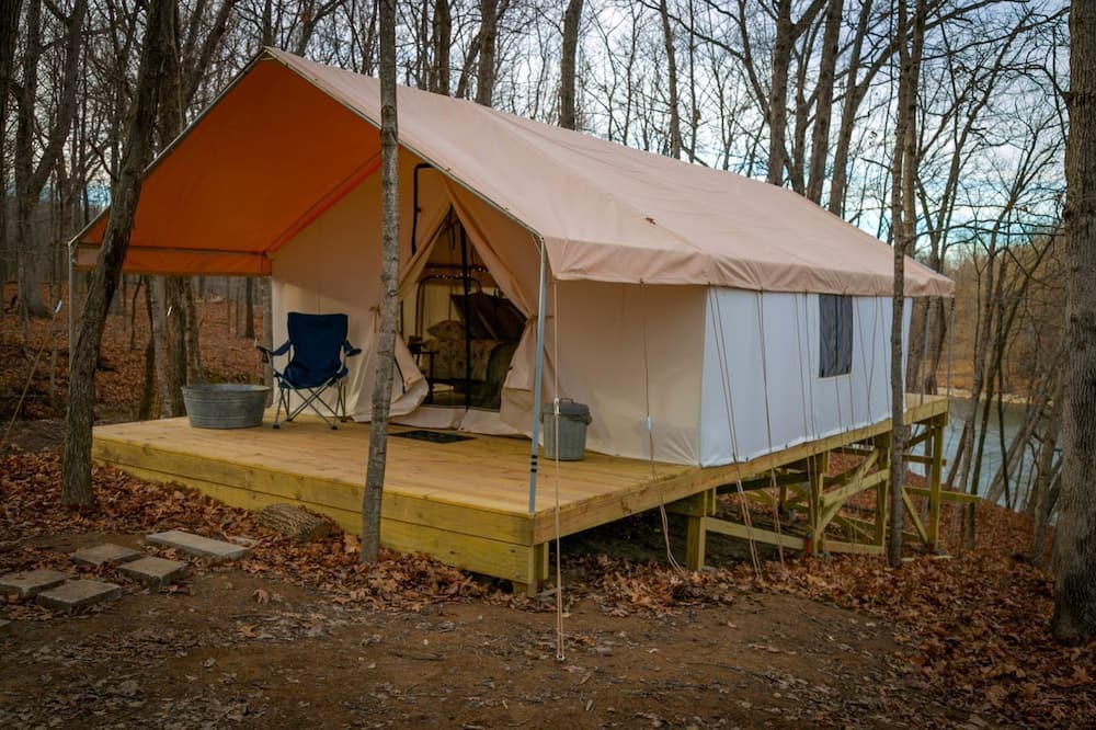 Girard RV Rental | Secluded Luxury Camping Tent on Otter Lake near Girard, Illinois