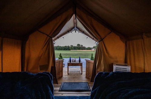 Cassville RV Rental | Comfortable Glamping Tent with Fire Pit and Stream Access Near Mark Twain National Forest in Missouri