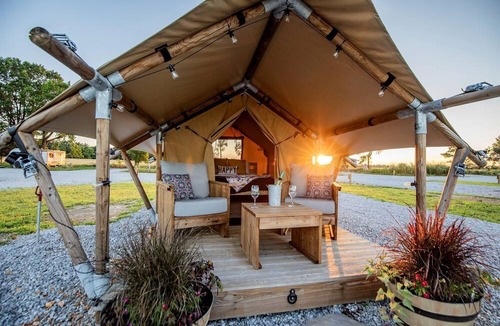 Cassville RV Rental | Comfortable Glamping Tent with Fire Pit and Stream Access Near Mark Twain National Forest in Missouri