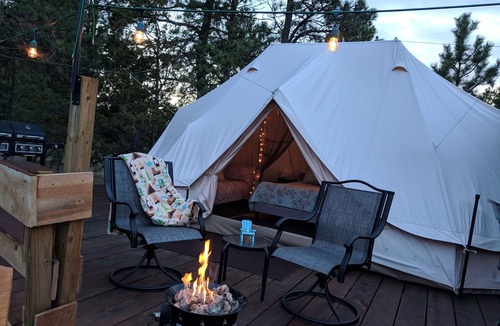Hot Springs RV Rental | Sibley Bell Tent 2 @EvansCliff, Hot Tub! Beautiful Canyon High-rise deck