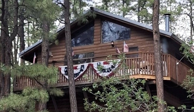 A centrally located secluded mountainside log cabin w/panoramic valley views.