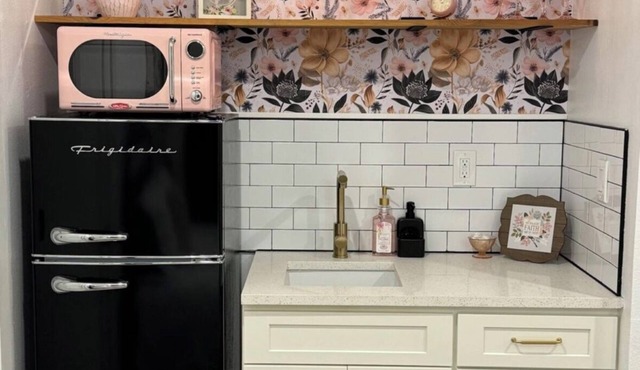 Cozy Pink Vintage Studio with Private Fenced Yard